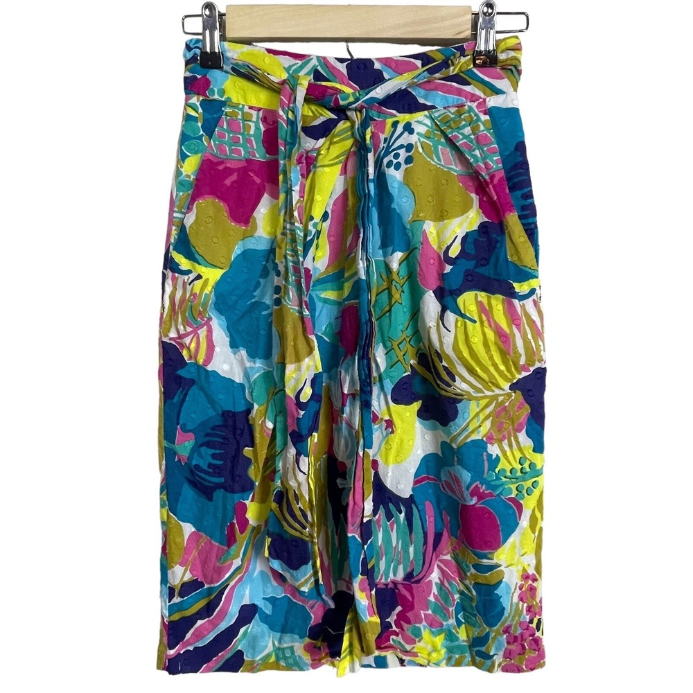 J. Crew Midi Belt Floral Skirt Size 00 Teal Turquoise Pink Yellow Pockets